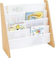 Humble Crew Journey Wooden Bookshelf for Children, 4 Tier Book Storage Organiser with Deep Fabric Pockets, Forward Facing Book Display for Easy Identification - Natural Wood/White