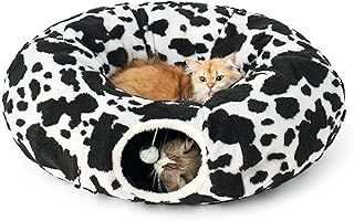 Cat Tunnel Bed for Indoor Cats, 33.5"D Large Cat Donut Tunnel with Washable Circle Cushion, Round Pet Play Tunnel Tube Toy for Kitten/Puppy/Rabbits (Black & White)