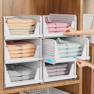 SNSLXH 5 Pack Wardrobe Storage Organiser, Stackable & Foldable Closet Organisers for Bedroom Bathroom Laundry Room Wardrobe Storage, Space-Saving Clothes Storage Drawer Organiser Basket, White