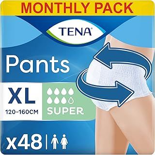 TENA Pants Super, 48 pairs, Unisex Incontinence Pants (4 x 12 packs) for Women and Men with Heavy Bladder Weakness, Designed for Everyday Life with Triple Protection and Dual Absorption Zones, Size XL
