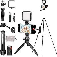 USKEYVISION Upgraded Vlogging Kit w/Wireless Lavalier Microphone,YouTube Kit for iPhone and Smartphone w/59” Retractable Tripod,Automatic Switch Phone Clamp,Content Creator Kit for TikTok(Vlog K5)