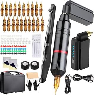 HAWINK Wireless Tattoo Machine Rotary Pen Kit Hand Poke a Stick 20 Pieces Tattoo Needles Cartridge Tattoo Grip Tape Wrap with Case RNP28KITP199-1
