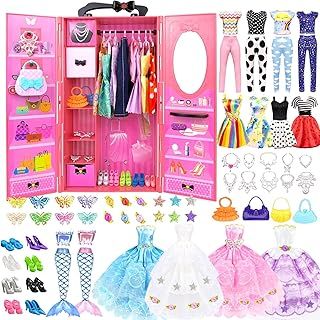 Doll Clothes and Accessories with Doll Closet for 11.5 Inch Doll Fashion Design Set Girl Doll Dress Up Including Wedding Dress Tops and Pants Outfits Shoes Bags Necklaces Toys Gifts for Girls