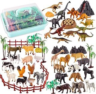 3 in 1 Animals Toys, Farm Animals, Wild Jungle Zoo Animal, Dinosaur Toy, Mini Animal Figures Set with Carry Case, 56PCS, Gifts for Kids Boys Girls 3 4 5 6 Years Old