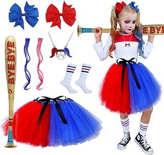 Quinn Costume Kids, 6pcs Quinn Clown Cosplay Costume Tutu Tulle Skirt with Hair Bow Inflatable Baseball Hair Bundle Socks Clown Costume Fancy Dress for Girls Halloween Carnival Cosplay