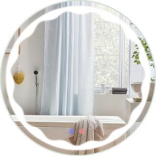 COSTWAY 80x60cm/60x60cm LED Illuminated Bathroom Mirror, Wall Mounted Mirror with Demister Pad, Touch Switch and Adjustable Brightness, Lighted Makeup Vanity Mirror (Round ABS Frame)