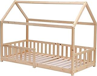 White and Natural Pine Wood Bed Frame Kids Bed Scandinavian House Style for Girls or Boys Standard Single Bed Frame for Bedroom Furniture, Mattress (WITHOUT) 90x190 cm (Natural)
