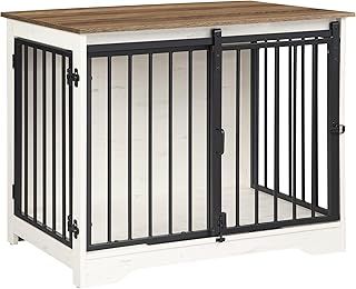 Dog Crate Furniture, 81 cm Double Door Dog Crate with Barn Door, Indoor Kennel, End Side Table Wooden Animal Crates for Small Medium Dogs, Anti-Chew Anti-Escape, Light Ivory DFC83605B