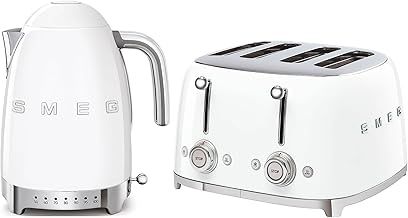 Smeg KLF04WHUK Jug Kettle with Acoustic Alarm, 3KW, 1.7L & Smeg TSF03WHUK 4 Slice Toaster, Extra Wide Slots, White