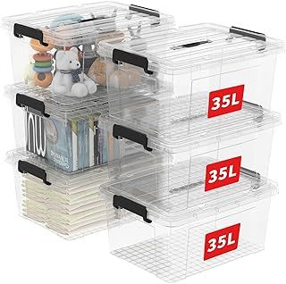 Cetomo 35L*6 Storage Boxes, Carry Plastic Storage Box with Lids, Organizing Container with Handle and Secure Latching Buckles, Stackable, Nestable, Tote Bin for Home Office Clothes, 35L-6Pack, Clear
