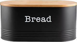 EHC Space Saving Extra Large Bread Box Bin With Wooden Lid For Kitchen Storage,Round Enamel Bread Storage Canister Bin Crock Jar For Kitchen, Black