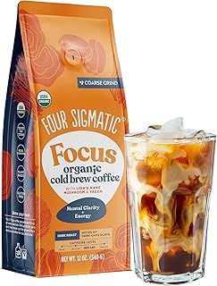 Organic Cold Brew Coffee Grounds by Four Sigmatic | Dark Roast, Fair Trade Coarse Grounds with Lion's Mane and Chaga Mushroom Extract | Cold Brew Mushroom Coffee for Crash-Free Focus | 12oz Bag