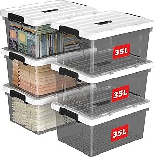 Cetomo 35L*6 Storage Boxes, Carry Plastic Storage Box with Lids, Organizing Container with Handle and Secure Latching Buckles, Stackable, Nestable, Tote Bin for Home Clothes, 35L-6Pack, Clear Black