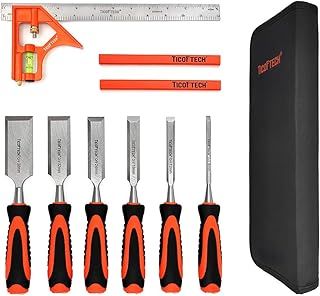 Wood Chisel Set, 9 Pieces Chisel Set Woodworking Tools, with 6 Wood Chisels in Heated Tread Cr-V Alloy, 1 Combination Square, 2 Carpenter Pencils, Woodworking Tools and Accessories