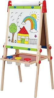 Hape All-in-1 Easel | Award-Winning Double-Sided Kids Standing Easel Adjustable Height Stand with Paper Roll, Chalkboard, Whiteboard, Magnets and 3 Paint Pots