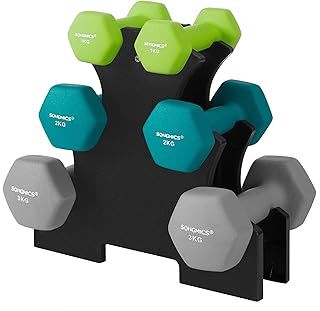 SONGMICS Set of 6 Dumbbells with Storage Stand, Hand Weights with Neoprene Coating, Hexagonal Dumbbells, 1 kg, 2 kg, 3 kg, Home Workout, Fitness, Bright Green, Turquoise, and Light Grey SYL612GN