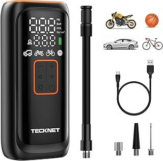 TECKNET Tyre Inflator Portable Air Compressor, 2*2000mAh & 150PSI Electric Air Pump with LED Light, Accurate Pressure LCD Display, Cordless Mini Trye Pump Fast Inflation for Car Motorcycle, Bike Ball
