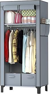 LOEFME Canvas Wardrobe 161 * 59 * 45cm, Wardrobes for Bedroom, New Base Design Fabric Wardrobes with 2 Storage Boxes and Side Pockets, Portable Wardrobe Suitable for Home, Apartment, Dormitory, Grey