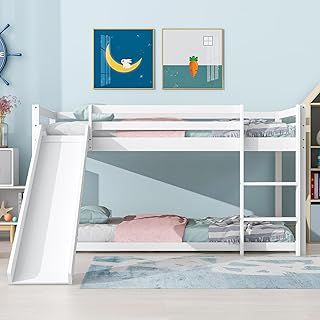 Jtyca Bunk Beds for Kids with Adjustable Slide and Ladder, Wooden Cabin Beds for Kids with Adjustable Lower Bed, White, 190x90cm+200x90cm, (Without Mattress)
