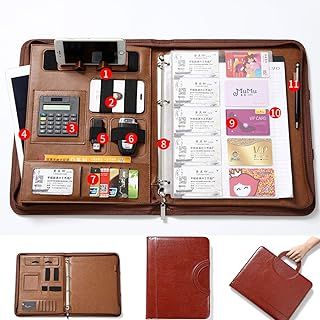 A4 Zipper Leather New Version Conference Folder Business Document Bag Portfolio with Ring Binder,A4 Writing Pad ,Card Holders,Calculator and Notebook Business Document File Folder