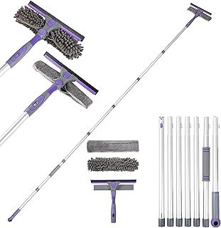 Window Squeegee Cleaning Equipment Kit, Long Handle Extendable Telescopic Glass Cleaner Brush with 7 Extension Pole - 105 inch, Bendable Head Scraper & Scrubber Tool