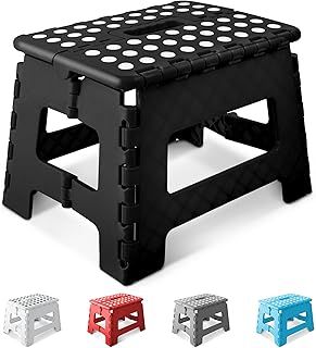 KEPLIN 9 Inch Heavy Duty Folding Step Stool | Non-Slip Foldable Footstool for Toddlers, Children & Adults | Portable, Lightweight Plastic Footstep w/Carrying Handle for Indoor or Outdoor (Black)
