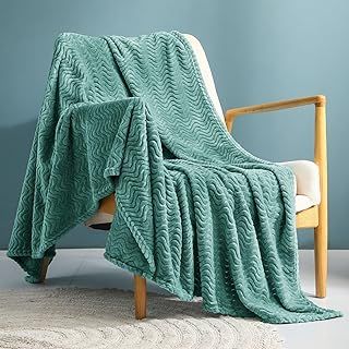 Fleece Throw Blanket for Couch Bed, 127x178 CM Super Soft Cozy Blankets with Decorative Wave Textured, Lightweight Plush All Season Use, Celadon