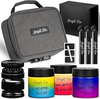 Moonlight Haze Smell Proof Bag – Smell Proof Box Stash Box Gift Set with 3 Smell Proof Containers, Metal Grinder, Integrated Rolling Tray, 3 Doob Tubes, and Stash Jars – Gifts for Men & Women