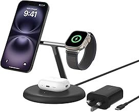 Belkin 3-in-1 Wireless Charging Stand with Magnetic MagSafe Compatible Qi2 15W, Fast Charging iPhone Charger for iPhone 16, 15, 14, and 13 Series, AirPods, Apple Watch, & More (PSU included) - Black
