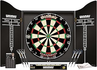 WINMAU Professional Dart Set includes Diamond Plus Bristle Dartboard - Black Cabinet - 2 Sets of Darts - Official Oche Line