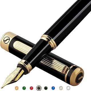 Scriveiner Black Lacquer Fountain Pen - Stunning Luxury Pen with 24K Gold Finish, Schmidt 18K Gilded Nib (Medium), Best Pen Gift Set for Men & Women, Professional, Executive, Office, Nice Pens
