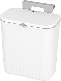 Dihl 9 Litre Hanging Trash Bin with Lid, Wall Mounted Garbage Can Kitchen Compost Bin, Plastic Rubbish Bin Wastebasket for Under Cupboard, Cabinet Door, Bedroom, Offices - White