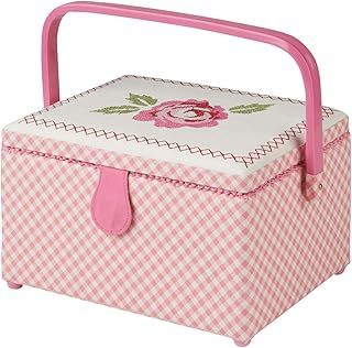 Sewing Online Medium Sewing Box,Pink Fabric with an Embroidered Floral Lid | 26 x 18 x 15cm | Storage & Organiser Basket with Compartments for Sewing Supplies/Accessories - GA1114M