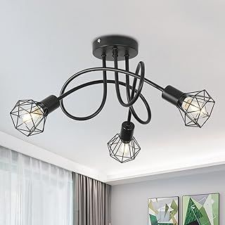 Industrial 3 Way Ceiling Light Chandelier Semi-Flush Mount E14 Base Black Metal Caged 3 Lights Ceiling Light Fixture for Bedroom Living Dining Room Hallway(Bulbs not Include)