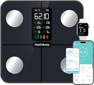 Healthkeep Body Fat Scale with Large VA Display, 15 Body Datas with Heart Rate, Smart Weight Scale Compatible with iOS & Android, Max 400lb/180kg/28st, 28cm, Navy Blue