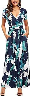 OUGES Women's Summer Spring Maxi Dress V Neck Short/Long Sleeve Ladies Casual Long Wrap Dress with Pockets