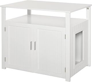 PawHut Wooden Cat Litter Box Enclosure Furniture with Adjustable Interior Wall & Large Tabletop for Nightstand, White