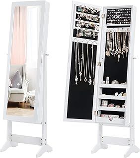 COSTWAY Freestanding Jewellery Cabinet, 3-Angle Adjustable Jewelry Armoire with Full-Length Mirror and Large Storage, Bedroom Floor Makeup Cosmetics Jewellery Organiser Unit Gift (White)