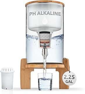 pH Recharge Glass Alkaline Countertop Water Filter Dispenser - 2.25 Gallons Jug - Removes Fluoride Chlorine & Impurities - Improves Water pH - Clean Healthy Drinking Water - 8.5 Litres