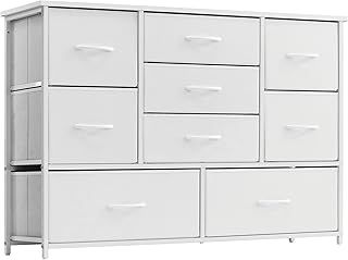 LYNCOHOME White Chest of Drawers for Bedroom, 9 Drawer Fabric Dresser Storage Organizer, Wide Dresser TV Stand for Bedroom, Living Room, Entryway, Nursery