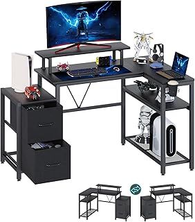 Computer desk, L-shaped Gaming Desk with Large Monitor Stand,Corner Desk with 2-Layer Storage Shelves,2 Fabric Drawers,Cup Holder for Home Office Black Carbon Fiber