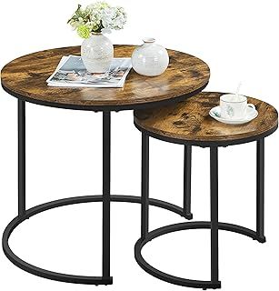 Yaheetech Round Nesting Coffee Table Set of 2, Industrial Stacking Cocktail Sofa Side Table with Steel Legs for Small Space/Living Room/Bedroom, Rustic Brown, 60 x 60 x 50.5cm