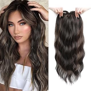 FINE PLUS Hair Topper for Women 20inch Wavy Hair Toppers for Women with Thinning Hair Ombre Highlight Synthetic Topper Clip In Fringe Toppers Hair Pieces for Women Add Hair Volume