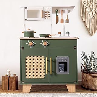 ROBUD Wooden Toy Kitchen Playset, Kids Play Kitchen with Pretend Ice Cube Dispenser & Accessories, Toddler Kitchen Set Toys for Children, Gifts for Girls Boys Toys Age 3-8 (Vintage Green)