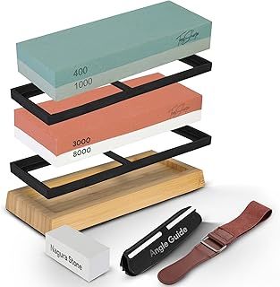 Whetstone 400/1000 & 3000/8000 Grit Knife Sharpening Stone - Dual Grit Professional Knife Sharpening Kit with Angle Guide, Bamboo Base, Nagura Stone & Leather Strop