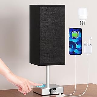 Aooshine Bedside Lamp, Touch Control Table Lamp with USB A+C Charging Ports, Touch Lamps Bedside with 3 Way Dimmable, Table Lamps for Bedroom Living Room with Black Fabric Shade (LED Bulb Included)