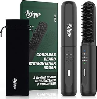 Beard Straightener Brush, REHOYO Cordless Hair Straightening Comb with Different 3 Temperature, Rechargeable Anti-Scald and Auto-Off of Portable Hair Salon for All Hair Type, Black
