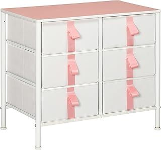 HOMCOM Chest of Drawers, Cloth Organizer Unit with 6 Fabric Drawers, Metal Frame and Wooden Top, Storage Cabinet for Kids Room, Living Room, Closet, Hallway, Pink