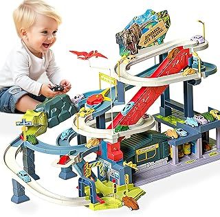 Dinosaur Race Tracks Play Vehicles Toys Set Flexible Train Tracks with 4 Dinosaurs Car and 4 Race Cars Race Tracks Toys Christmas Birthday Party for Kids Ages 3+