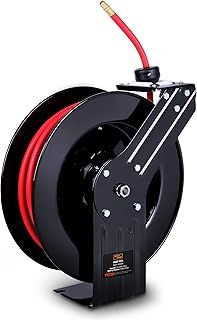 SuperHandy Air Hose Reel Retractable 3/8" x15m (50ft) with 1/4" BSPT Connections Premium Commercial Flex Hybrid Polymer Hose Spring Driven Steel Construction Ultra Heavy Duty for Indoor & Outdoor